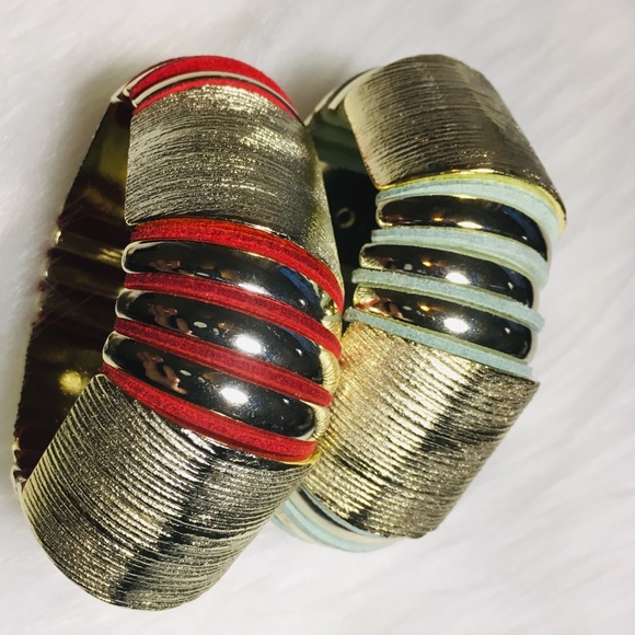 2 Chunky Bangle Vintage Suede 1980’s Bracelets Set - Picture 5 of 8